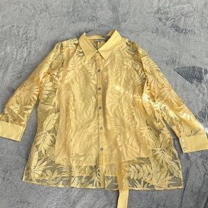 Yellow Sheer Button-Up Blouse with Shell and Belt